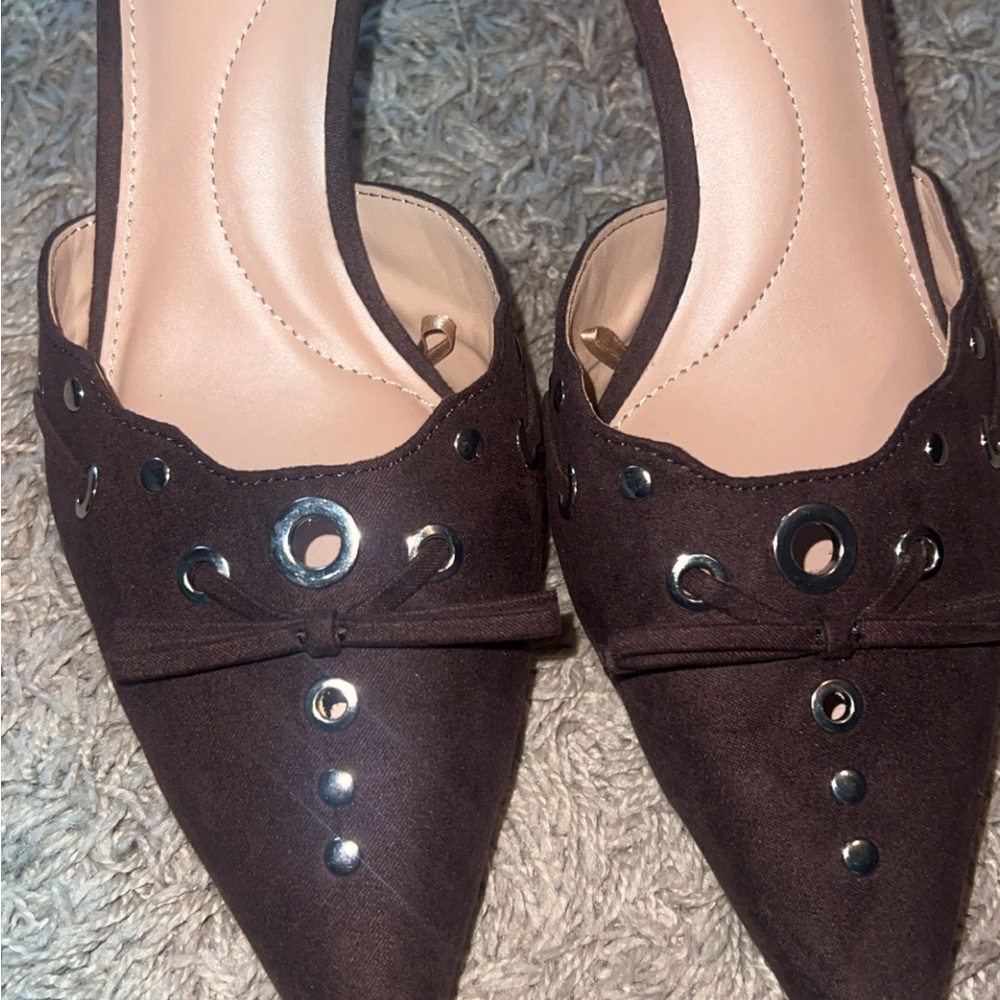 Time and Tru Dark Brown Pointed-Toe Slingback Mules with Silver Eyelet Accents